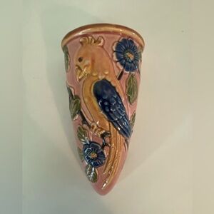 Vintage Hand Painted Wall Pocket Vase Bird Flower Mid-century Gallery Wall Japan